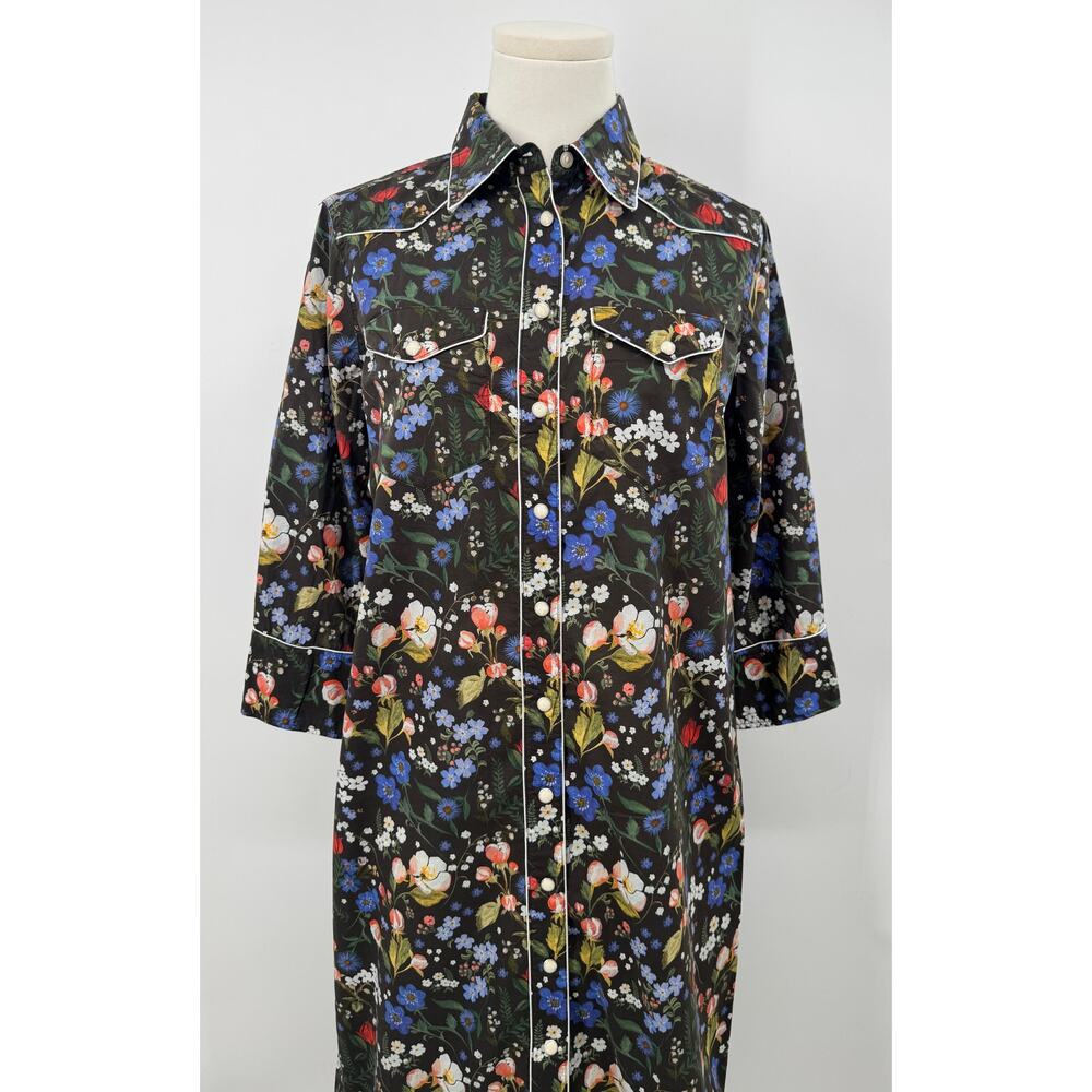 R13 x Liberty of London Cowboy Dress Black Floral Pearl Snap Shirtdress Midi S